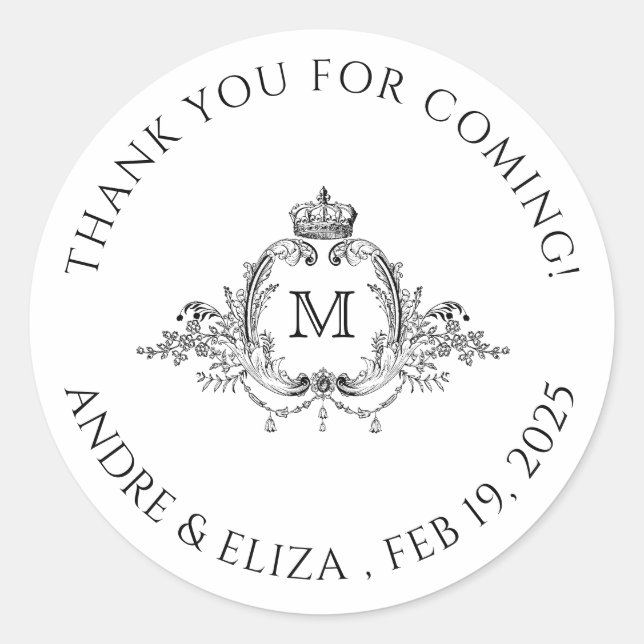 Royal Crest Elegant Wreath Monogram Wedding  Classic Round Sticker (Front)