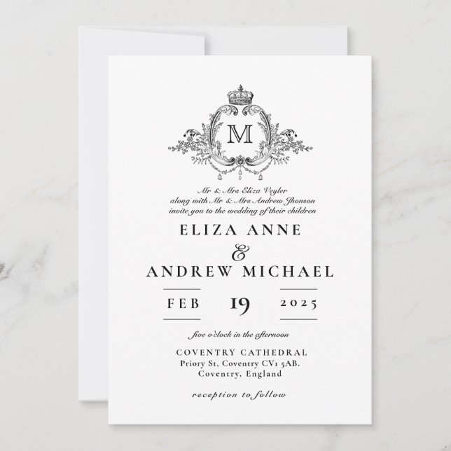 Royal Crest Elegant Wreath Monogram Wedding  Invitation (Front)