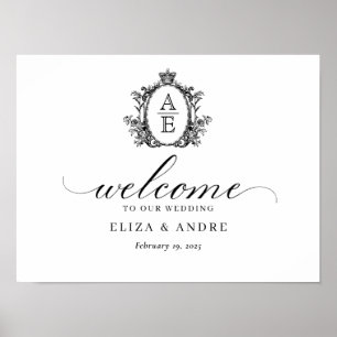 Royal Crest Monogram Black and White Wedding Poster
