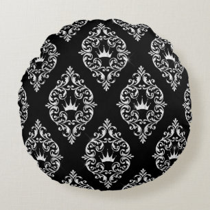 Royal Crown Black and White Damask Round Pillow