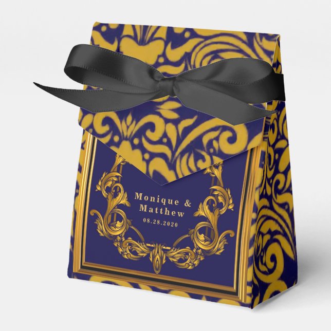 Royal Crown Blue and Gold Flourishes Wedding Favour Box (Front Side)