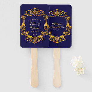 Royal Crown Blue and Gold Flourishes Wedding Hand Fan