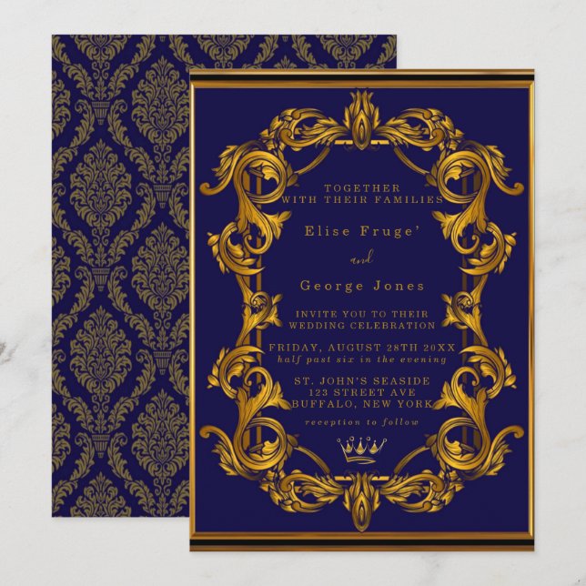 Royal Crown Blue and Gold Flourishes Wedding Invitation (Front/Back)