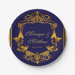 Royal Crown Blue and Gold Flourishes Wedding Paper Plate