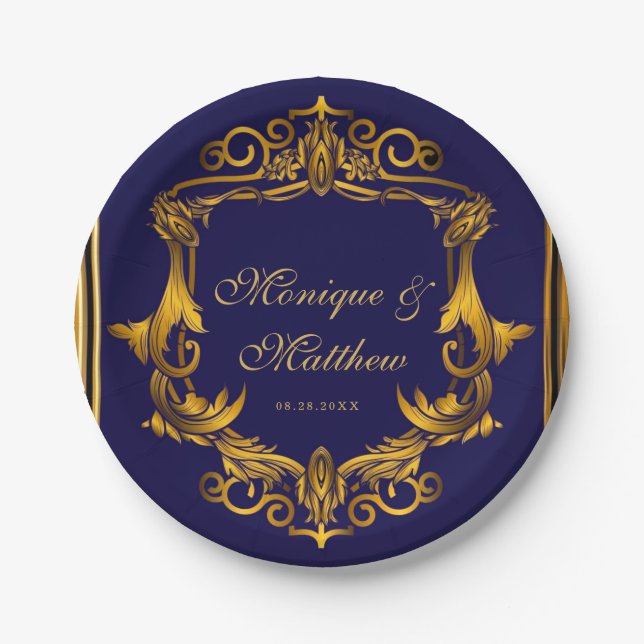 Royal Crown Blue and Gold Flourishes Wedding Paper Plate (Front)
