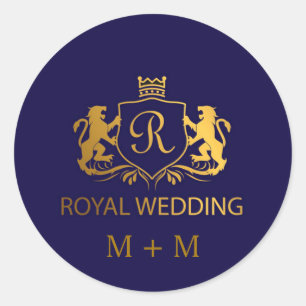 Royal Crown Blue and Gold Lions Wedding Custom Classic Round Sticker