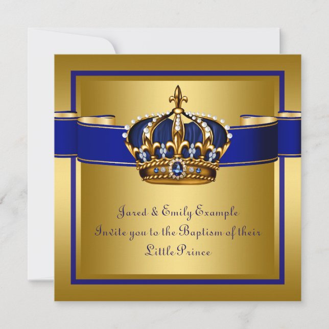 Royal Crown Blue and Gold Prince Baptism Invitation (Front)