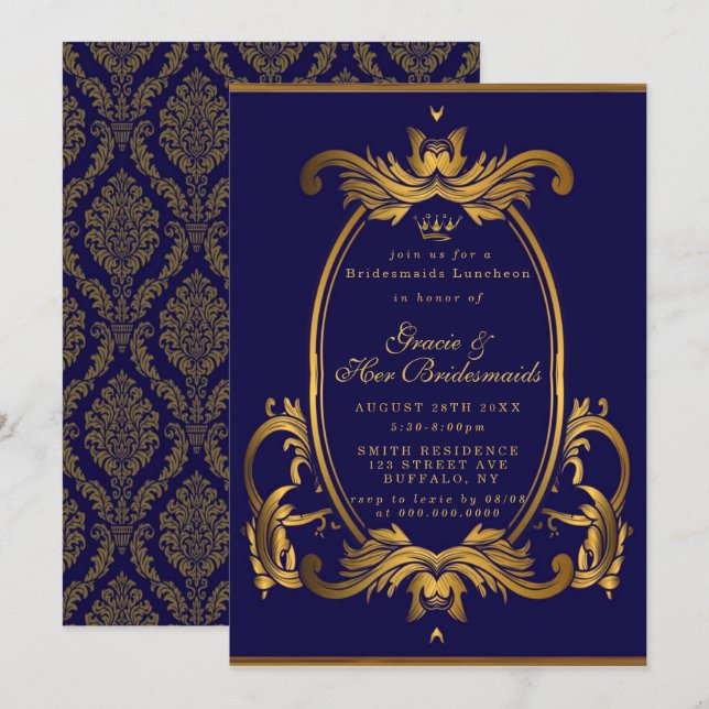 Royal Crown Blue Gold Bridesmaids Luncheon Invites (Front/Back)