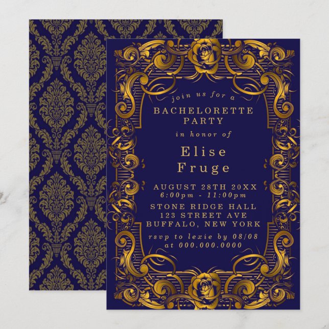 Royal Crown Blue Gold Flourish Bachelorette Party Invitation (Front/Back)