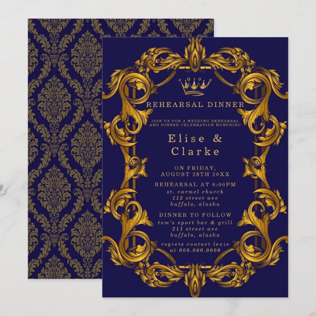 Royal Crown Blue Gold Flourish Rehearsal Dinner Invitation (Front/Back)