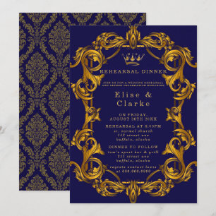 Royal Crown Blue Gold Flourish Rehearsal Dinner Invitation