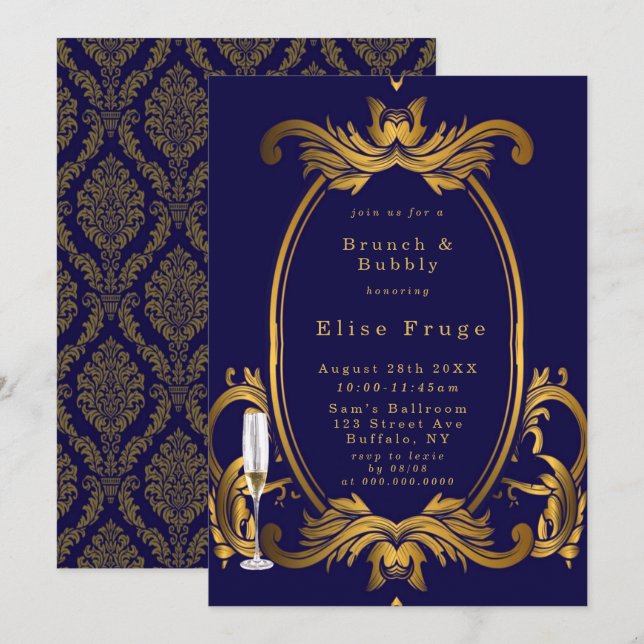 Royal Crown Blue Gold Flourishes Brunch & Bubbly Invitation (Front/Back)