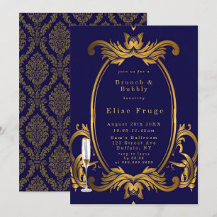 Royal Crown Blue Gold Flourishes Brunch & Bubbly Invitation