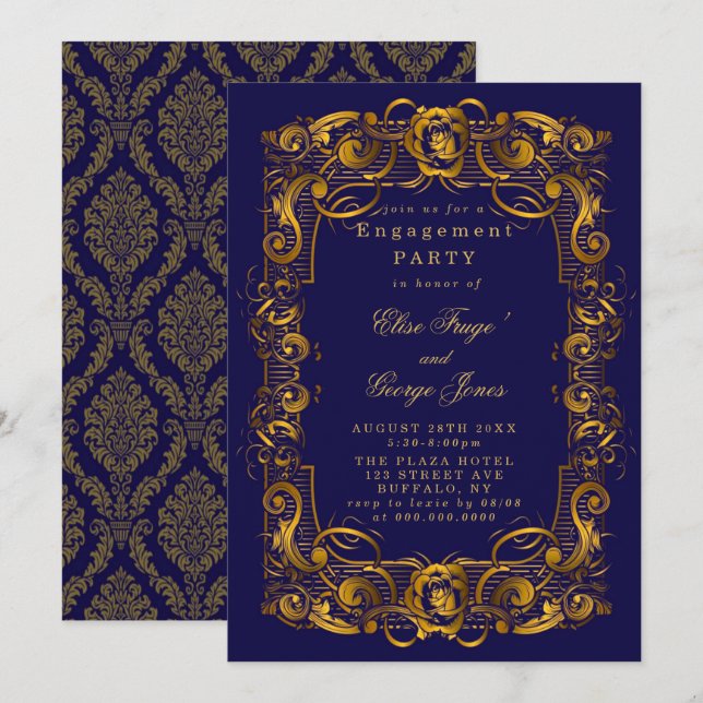 Royal Crown Blue Gold Flourishes Engagement Party Invitation (Front/Back)