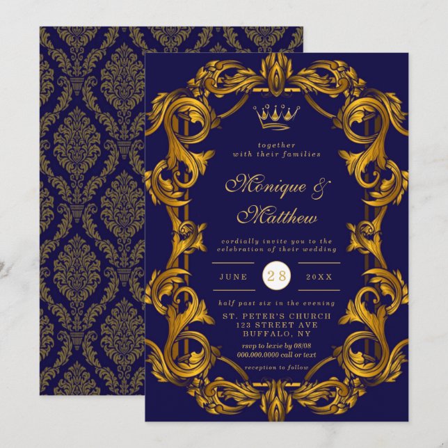 Royal Crown Blue Gold Flourishes Wedding Invitation (Front/Back)