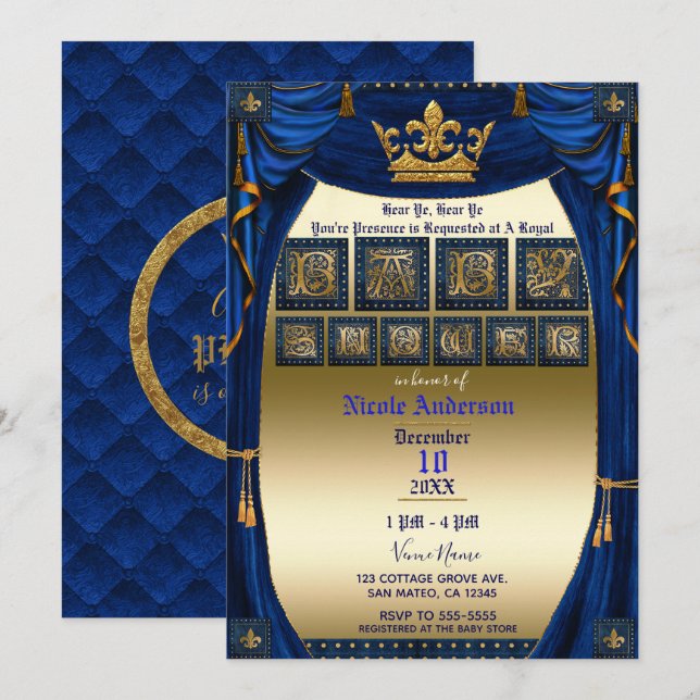Royal Crown Blue & Gold Prince Baby Shower Invitation (Front/Back)