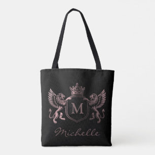 Royal Crown Emblem Lions Monogram Script Rose Gold Tote Bag