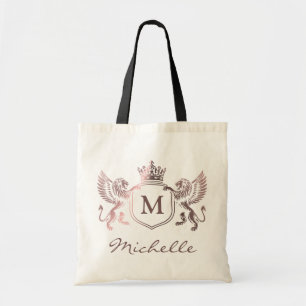 Royal Crown Emblem Lions Monogram Script Rose Gold Tote Bag