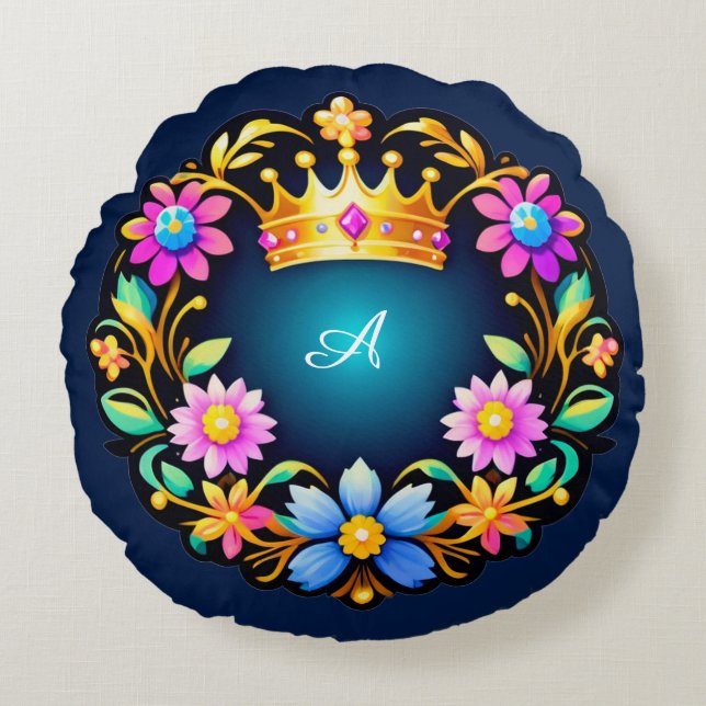 Royal Crown Floral Frame Round Cushion (Front)