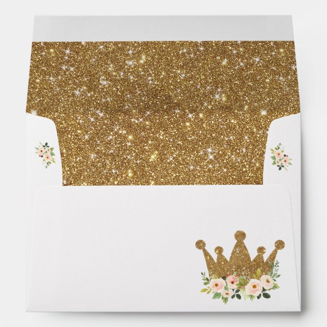 Royal Crown Gold Glitter, White & Blush Floral Envelope (Back (Bottom))