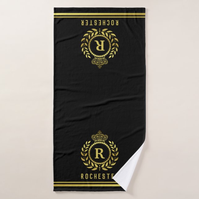 Royal Crown Laurel Wreath Black Gold Monogrammed Bath Towel Set (Bath Towel)