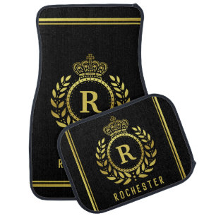 Royal Crown Laurel Wreath Black Gold Monogrammed Car Mat