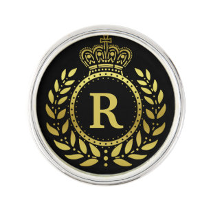 Royal Crown Laurel Wreath Black Gold Monogrammed Lapel Pin