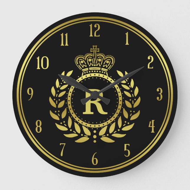 Royal Crown Laurel Wreath Black Gold Monogrammed Large Clock (Front)
