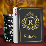 Royal Crown Laurel Wreath Black Gold Monogrammed Playing Cards<br><div class="desc">Designed in black and faux gold,  this royalty-inspired design includes a geometric frame in classy Art Deco style with an elegant laurel wreath and crown motif. Your personalised monogram letter fills the centre.</div>