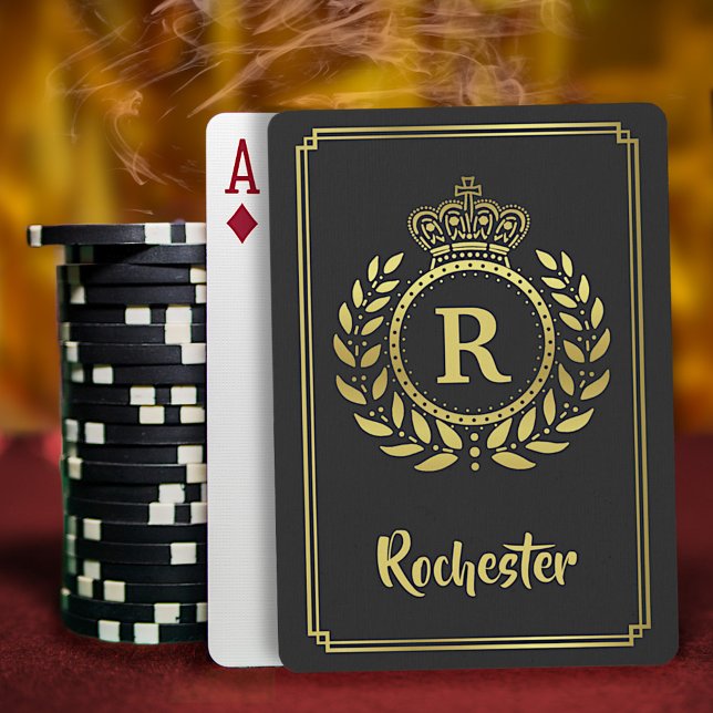Royal Crown Laurel Wreath Black Gold Monogrammed Playing Cards (Creator Uploaded)