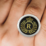 Royal Crown Laurel Wreath Black Gold Monogrammed Ring<br><div class="desc">Designed in black and faux gold,  this royalty-inspired design includes an elegant laurel wreath and crown motif in Art Deco style. Your personalised monogram letter fills the centre. Use the easy template to add your text.</div>