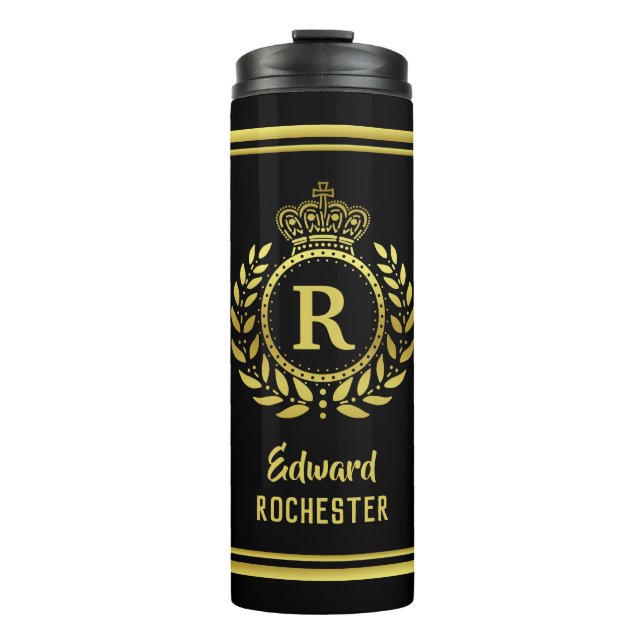 Royal Crown Laurel Wreath Black Gold Monogrammed Thermal Tumbler (Front)