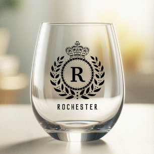 Royal Crown Laurel Wreath Black Monogrammed Name Stemless Wine Glass