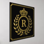 Royal Crown Laurel Wreath Monogrammed Black Gold Foil Prints<br><div class="desc">This royalty-inspired foil print design includes a geometric frame in classy Art Deco style with an elegant laurel wreath and crown motif. Your personalised monogram letter fills the centre. Use the easy template to add your text. The background is black, and the rest of the design is printed in real...</div>