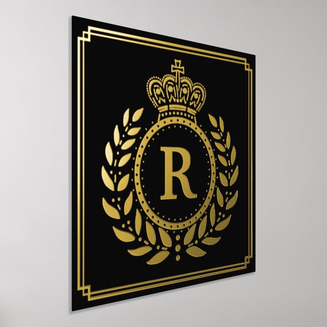 Royal Crown Laurel Wreath Monogrammed Black Gold Foil Prints (Laydown)