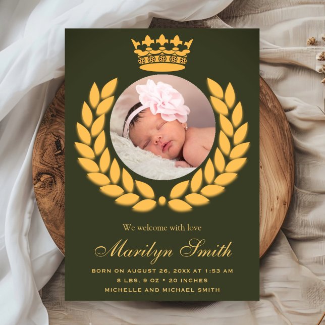 Royal Crown Olive Green Photo Birth Announcement (Creator Uploaded)