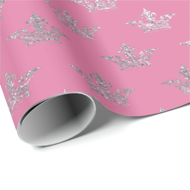 Royal Crown Pink Silver Floral Shiny Vip Wrapping Paper (Roll Corner)