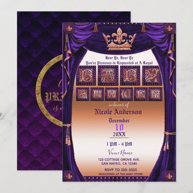Royal Crown Purple & Gold Storybook Baby Shower Invitation (Front/Back)