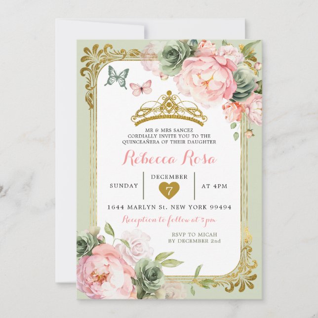 Royal Crown Sage Green Light Pink Quinceañera Invitation (Front)