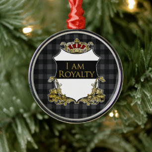 Royal Crown Shield Black Gray Gingham Luxe Metal Tree Decoration