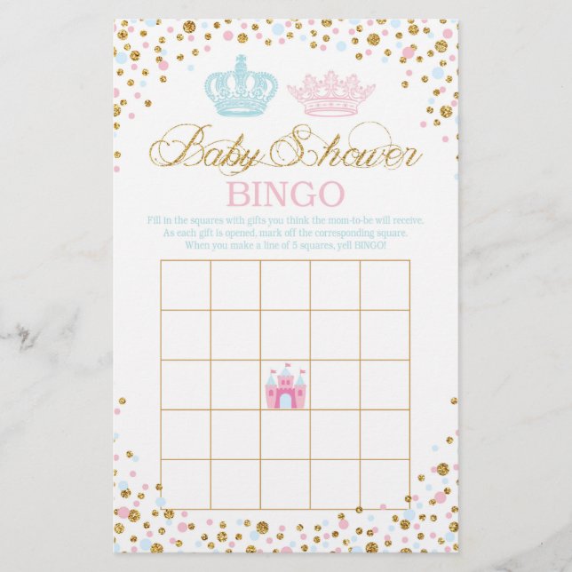 Royal Crowns Prince Princess Baby Shower Bingo Flyer (Front)