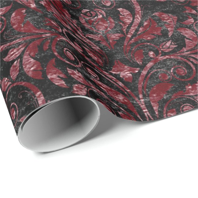 Royal Damask Crushed Velvet Black  Burgundy Maroon Wrapping Paper (Roll Corner)