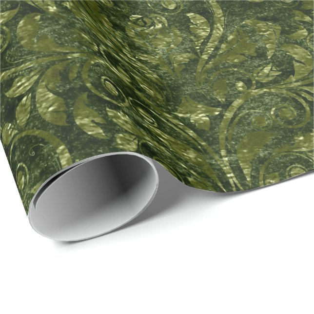 Royal Damask Crushed Velvet Woodland Deep Green Wrapping Paper (Roll Corner)