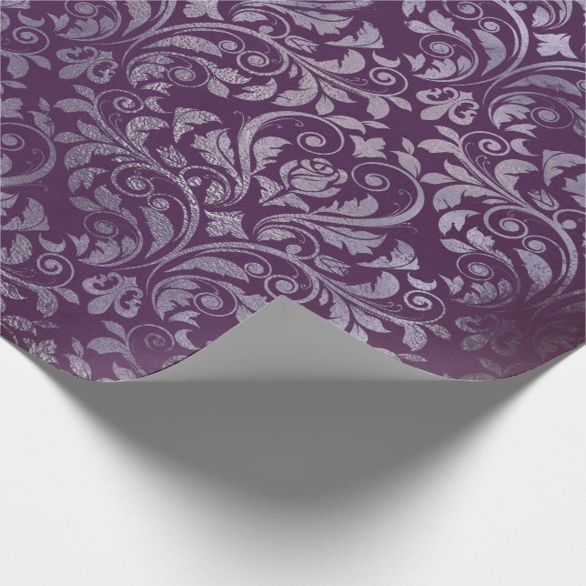 Royal Damask Distressed Purple Plum Floral Grey Gr Wrapping Paper (Corner)