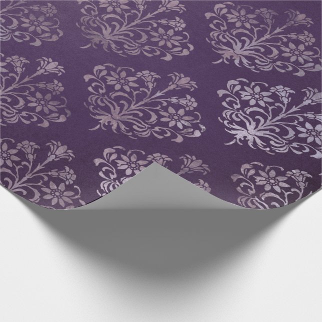 Royal Damask Distressed Purple Plum Floral Grey VI Wrapping Paper (Corner)