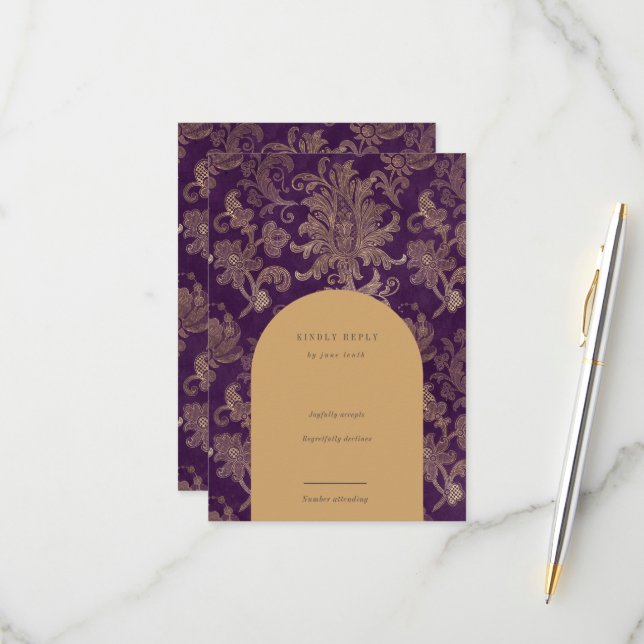 Royal Damask Elegant Purple RSVP Card (Front/Back In Situ)