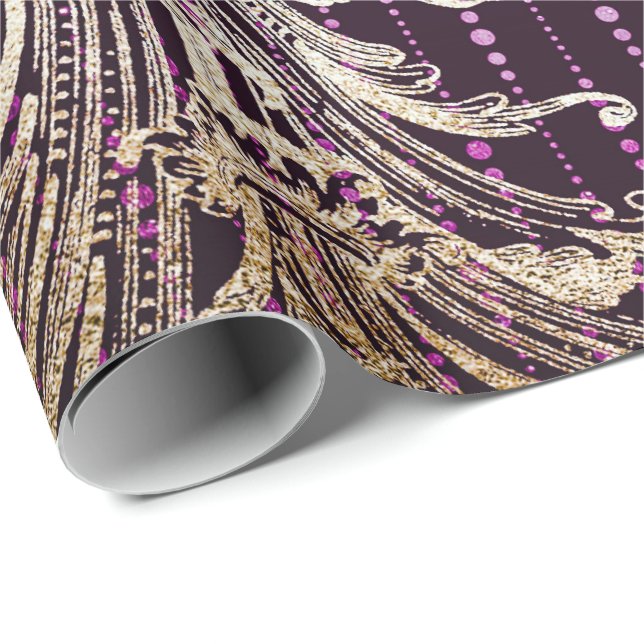 Royal Damask Floral Drops Purple Faux Gold Wrapping Paper (Roll Corner)