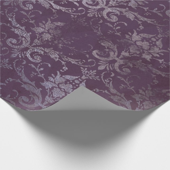 Royal Damask Grunge Purple Plum Floral Grey Blue Wrapping Paper (Corner)