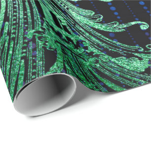 Royal Damask Metallic Floral Drops Emerald Blue Wrapping Paper