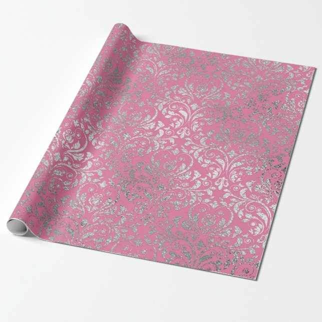 Royal Damask Pink Silver Floral Shiny Vip Wrapping Paper (Unrolled)